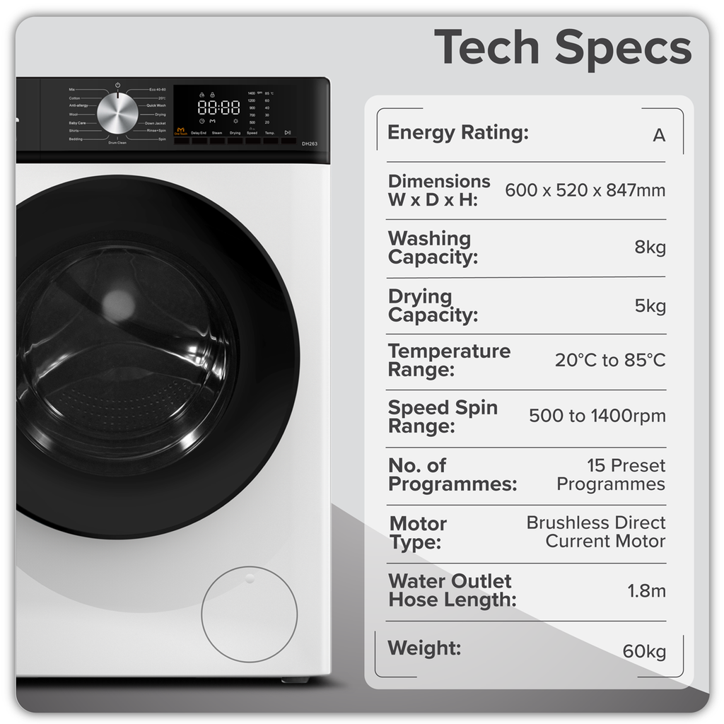 Baridi 8/5kg Washer Dryer, Front Loading, 1400rpm, White