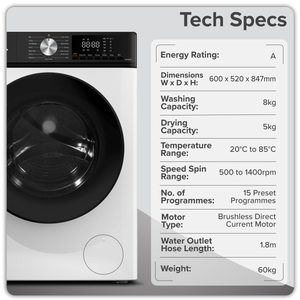 Baridi 8/5kg Washer Dryer, Front Loading, 1400rpm, White