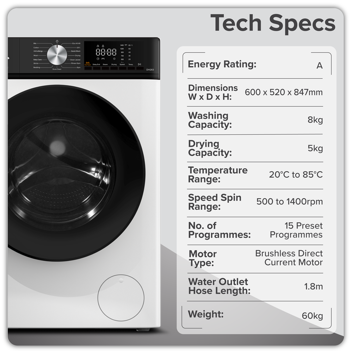 Baridi 8/5kg Washer Dryer, Front Loading, 1400rpm, White