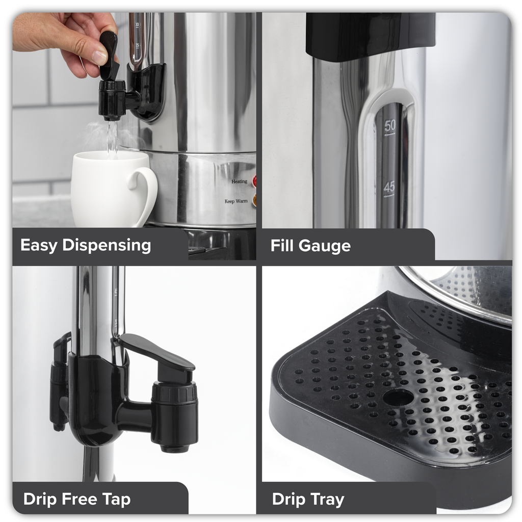 Baridi Hot Water Boiler/Tea Urn, 10L Capacity, Stainless Steel (DH269)