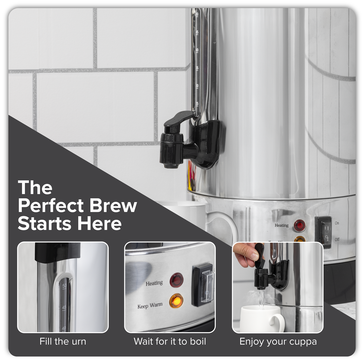 Baridi Hot Water Boiler/Tea Urn, 10L Capacity, Stainless Steel (DH269)