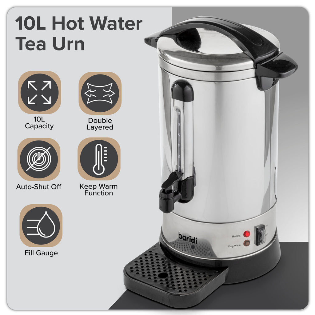 Baridi Hot Water Boiler/Tea Urn, 10L Capacity, Stainless Steel (DH269)