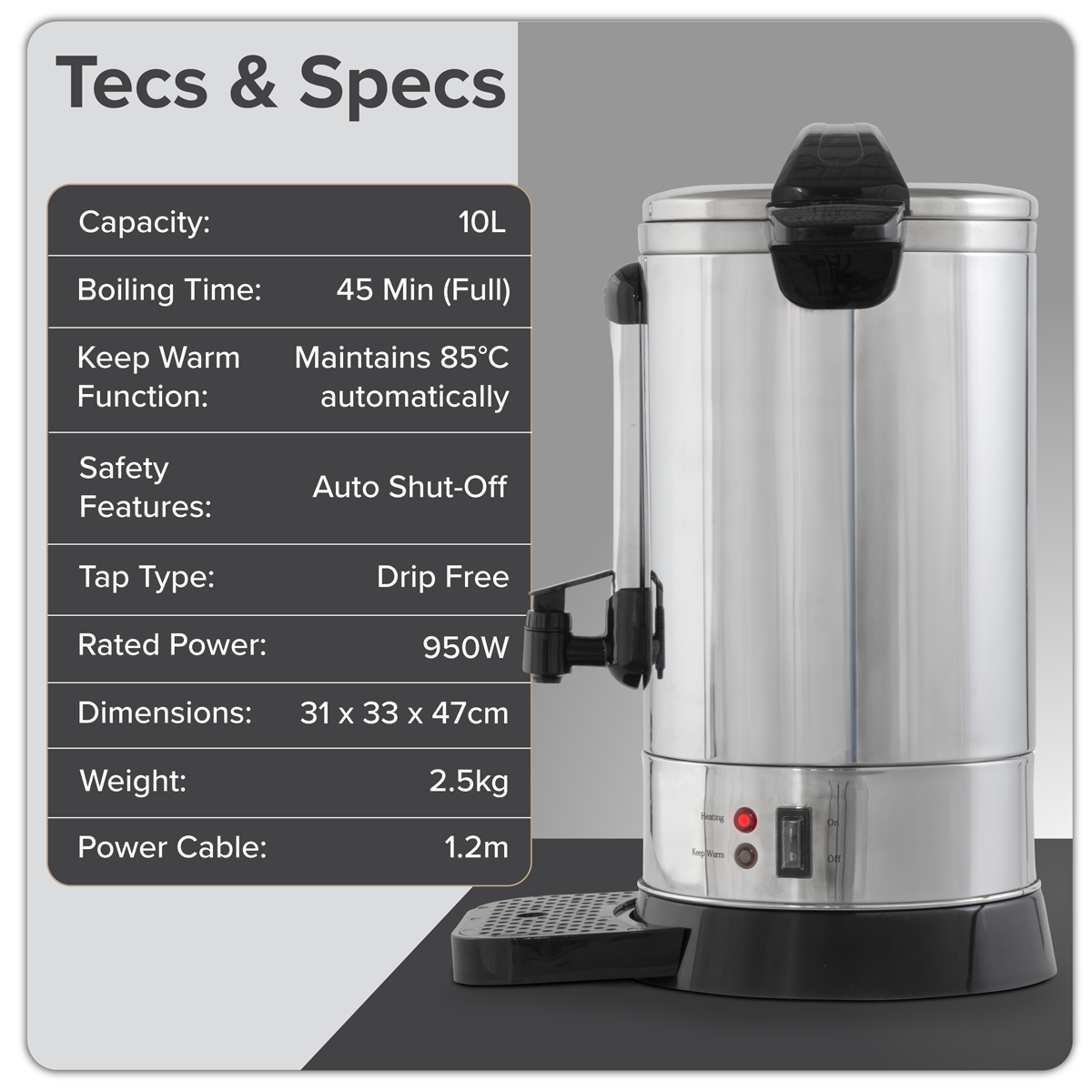 Baridi Hot Water Boiler/Tea Urn, 10L Capacity, Stainless Steel (DH269)
