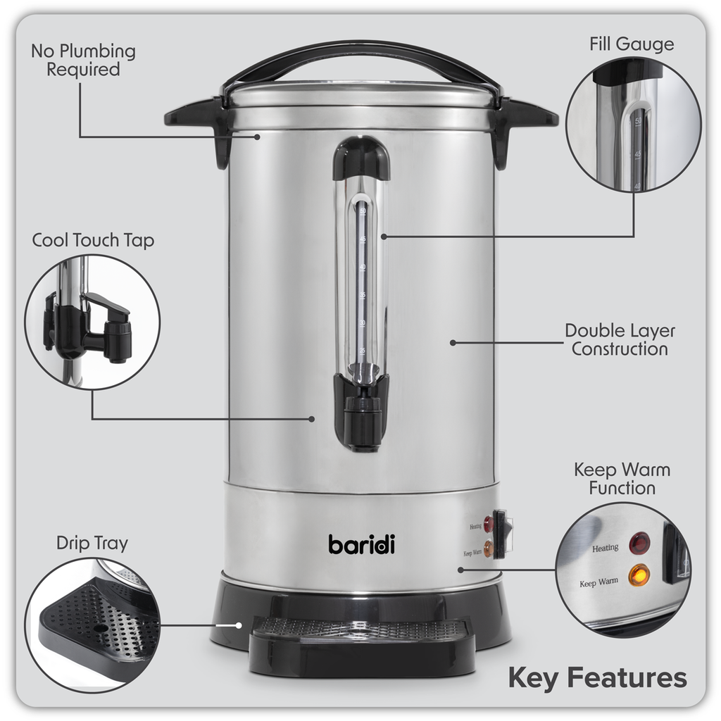Baridi Hot Water Boiler/Tea Urn, 10L Capacity, Stainless Steel (DH269)