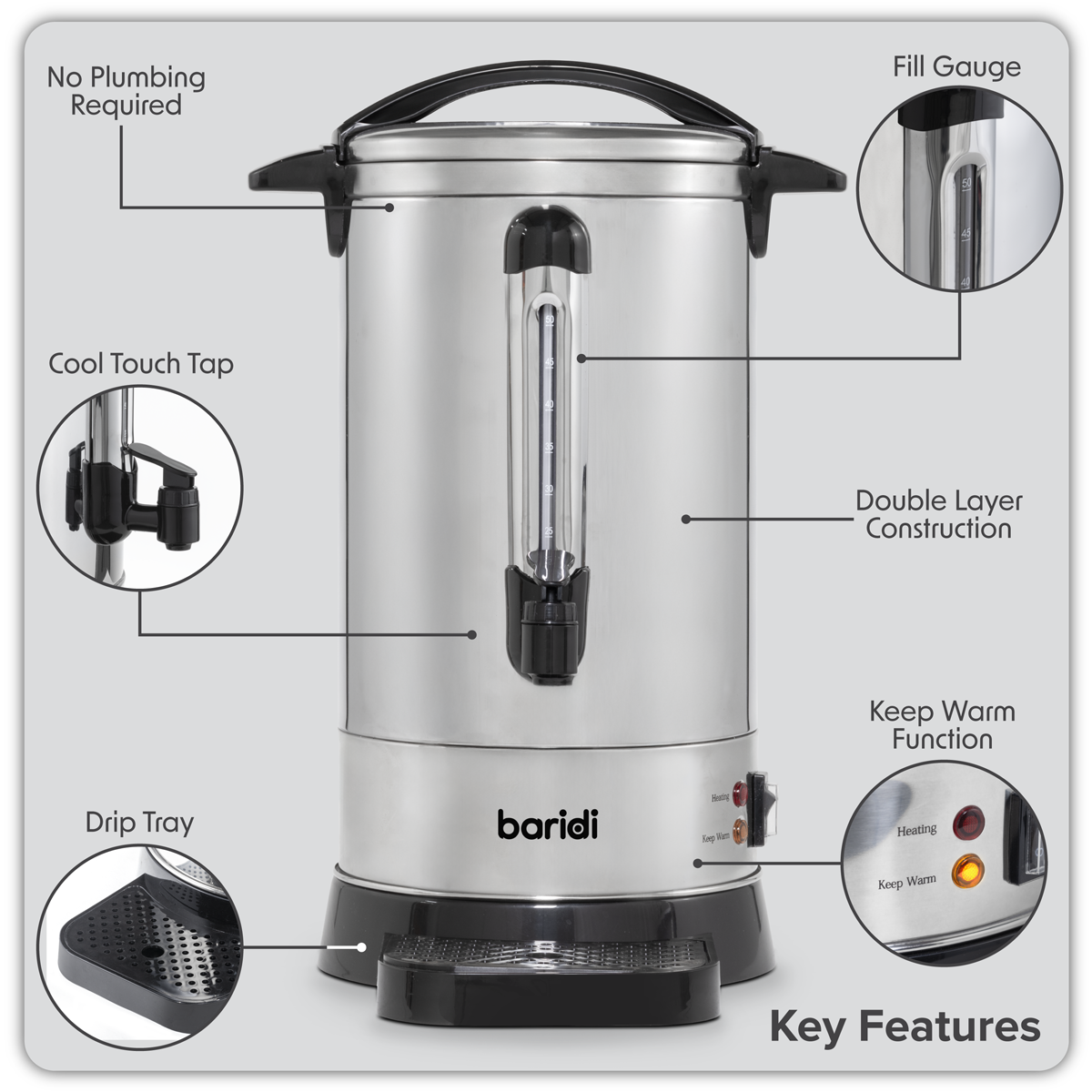 Baridi Hot Water Boiler/Tea Urn, 10L Capacity, Stainless Steel (DH269)