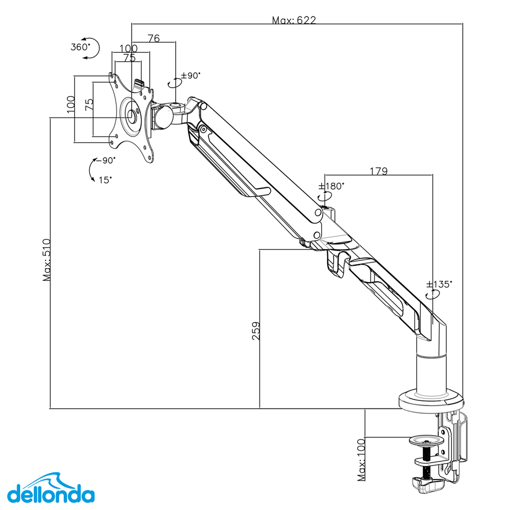 Dellonda Single Monitor Adjustable Arm with 360° Rotation, White (DH26) (Factory Refurbished A)