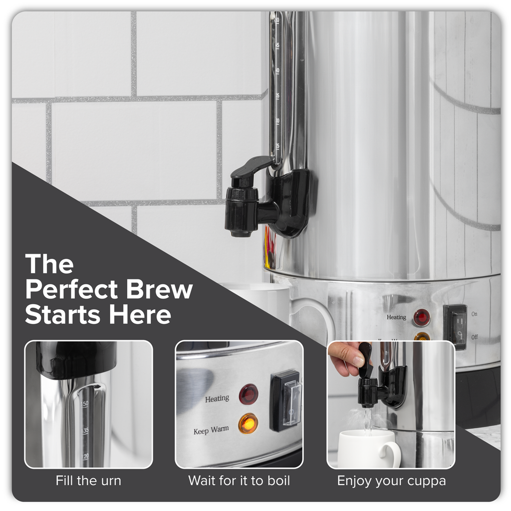 Baridi Hot Water Boiler/Tea Urn, 20L Capacity, Stainless Steel (DH270) (Factory Refurbished A)