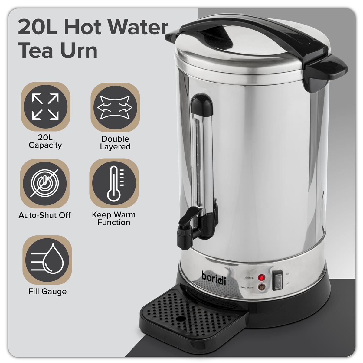 Baridi Hot Water Boiler/Tea Urn, 20L Capacity, Stainless Steel (DH270) (Factory Refurbished A)