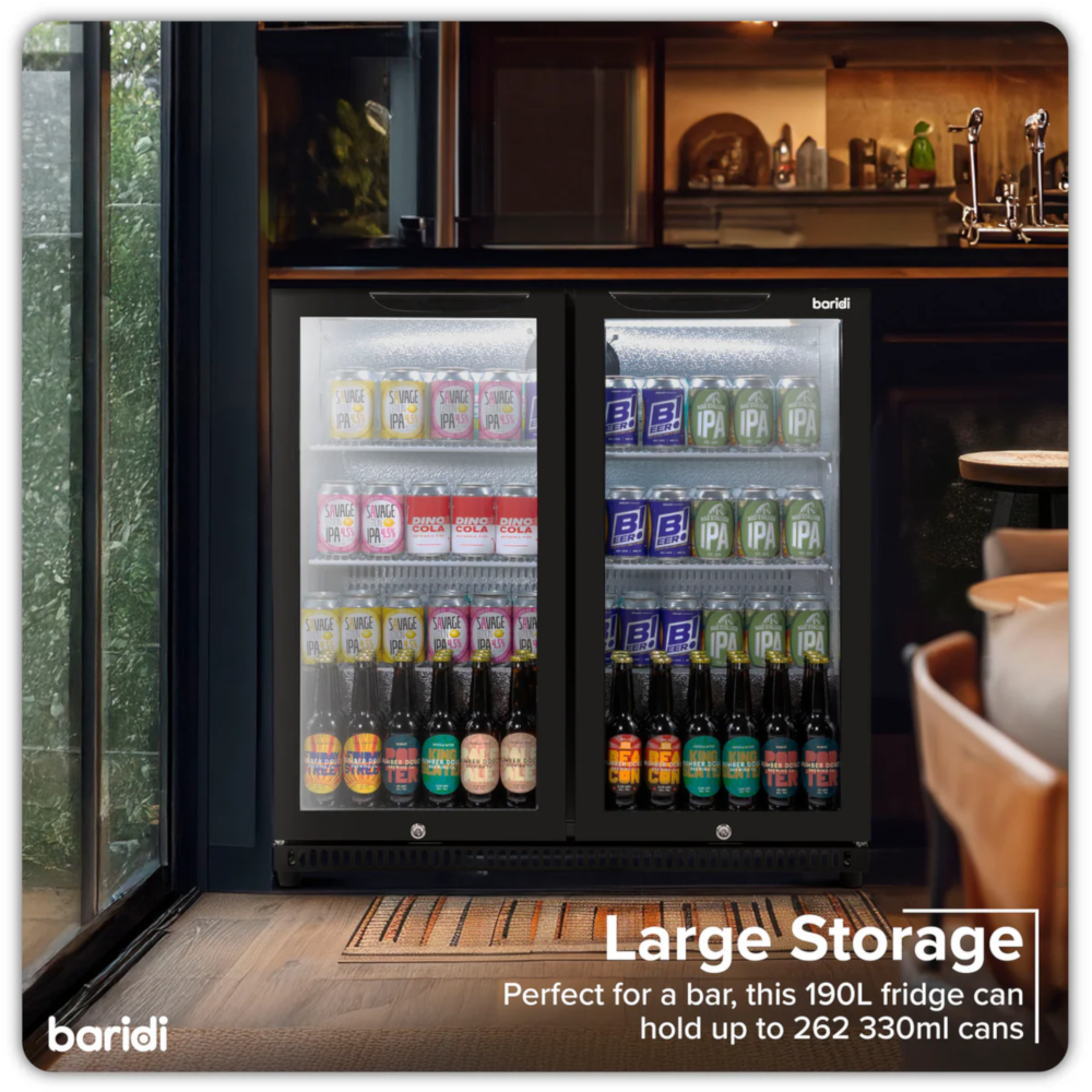 Baridi DH272 Back Bar Beer Drinks Fridge with Hinged Double Door, 190 Litre/262 Cans Capacity, Black