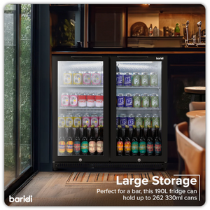 Baridi DH272 Back Bar Beer Drinks Fridge with Hinged Double Door, 190 Litre/262 Cans Capacity, Black