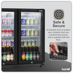Baridi DH272 Back Bar Beer Drinks Fridge with Hinged Double Door, 190 Litre/262 Cans Capacity, Black