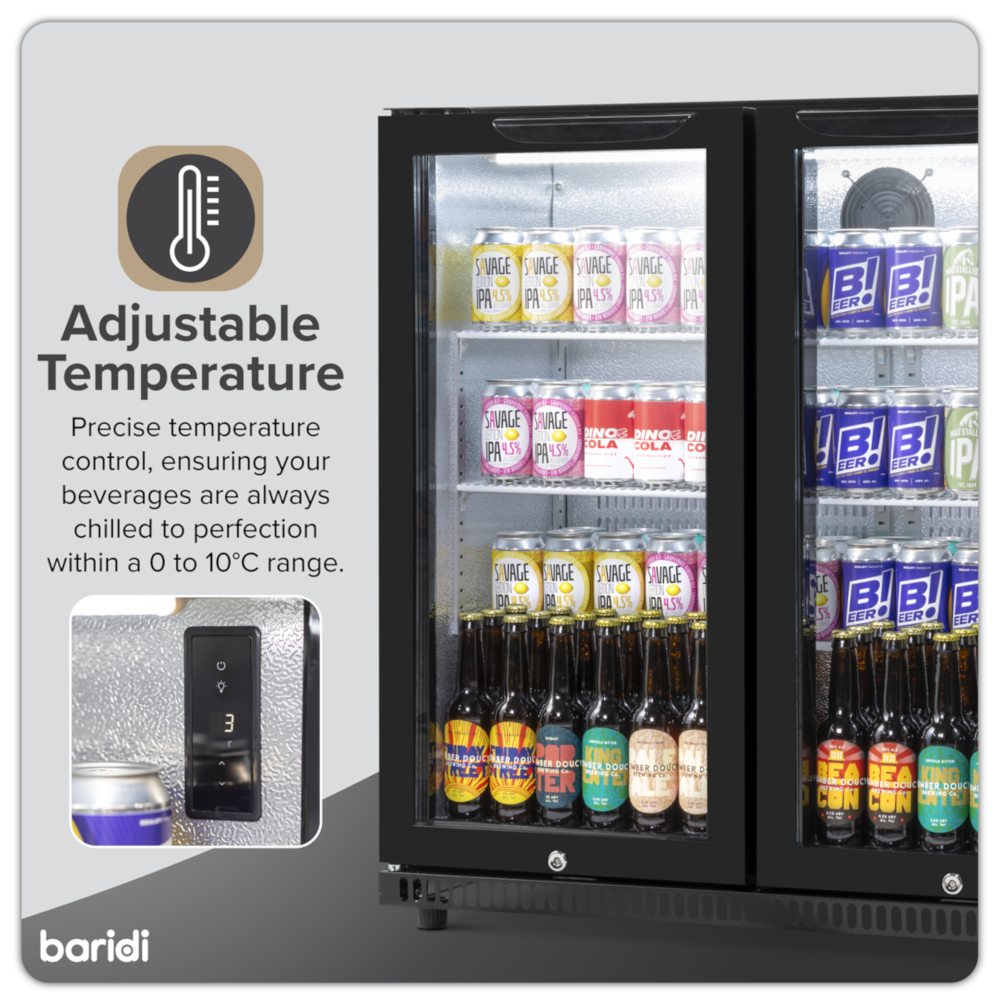 Baridi DH272 Back Bar Beer Drinks Fridge with Hinged Double Door, 190 Litre/262 Cans Capacity, Black