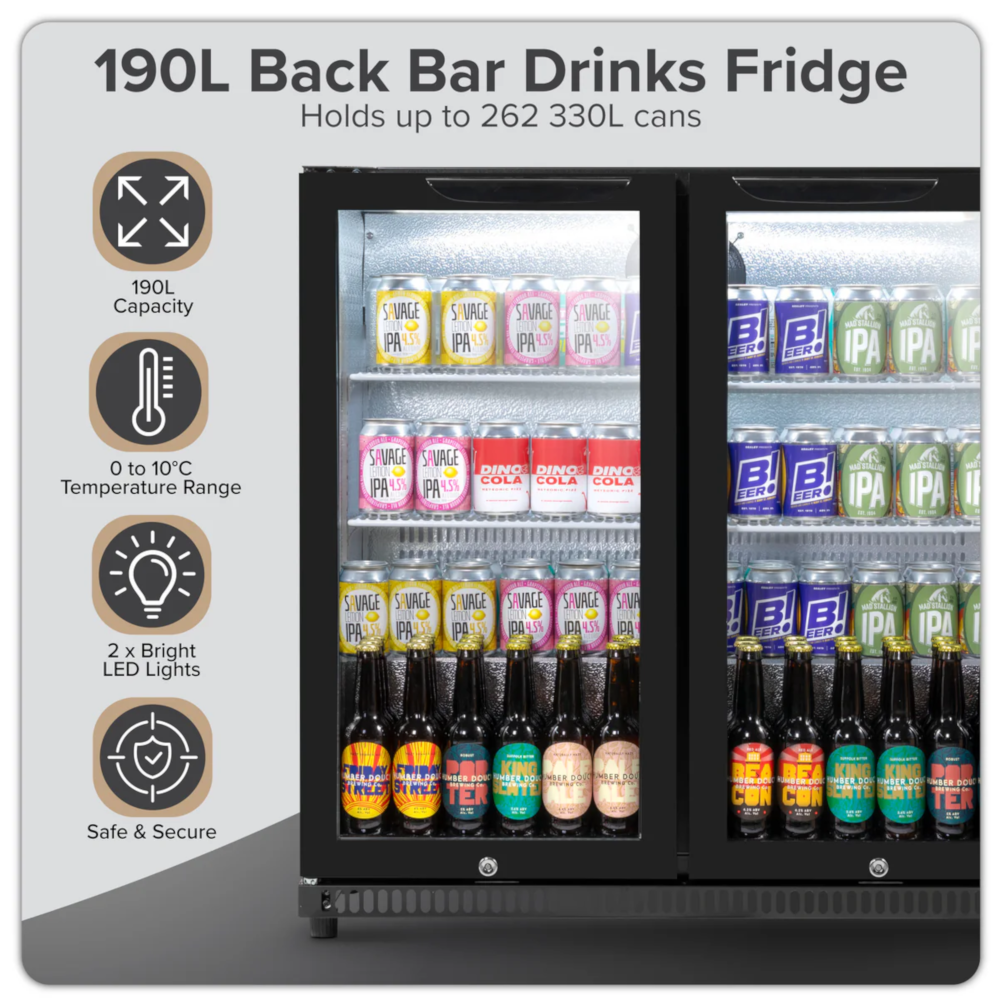Baridi DH272 Back Bar Beer Drinks Fridge with Hinged Double Door, 190 Litre/262 Cans Capacity, Black