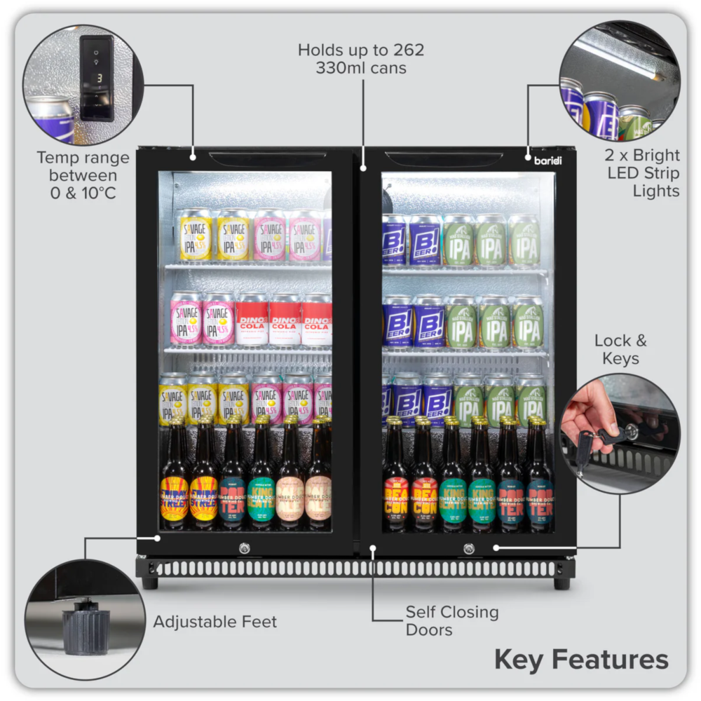 Baridi DH272 Back Bar Beer Drinks Fridge with Hinged Double Door, 190 Litre/262 Cans Capacity, Black
