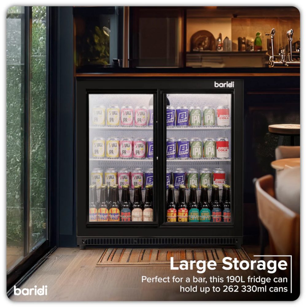 Baridi DH273 Back Bar Beer Drinks Cooler Fridge with Sliding Double Door, 190 Litre/262 Cans Capacity, Black