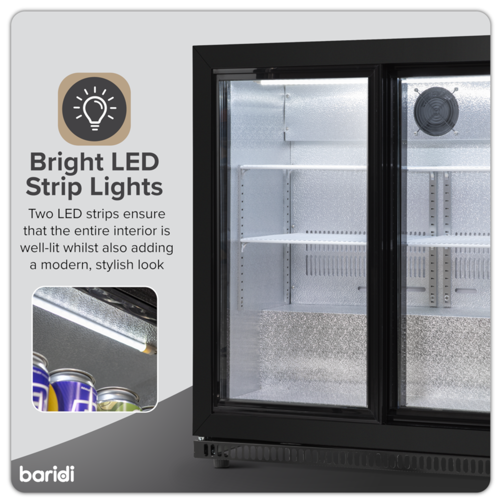 Baridi DH273 Back Bar Beer Drinks Cooler Fridge with Sliding Double Door, 190 Litre/262 Cans Capacity, Black