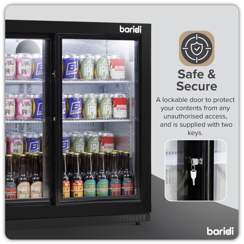 Baridi DH273 Back Bar Beer Drinks Cooler Fridge with Sliding Double Door, 190 Litre/262 Cans Capacity, Black