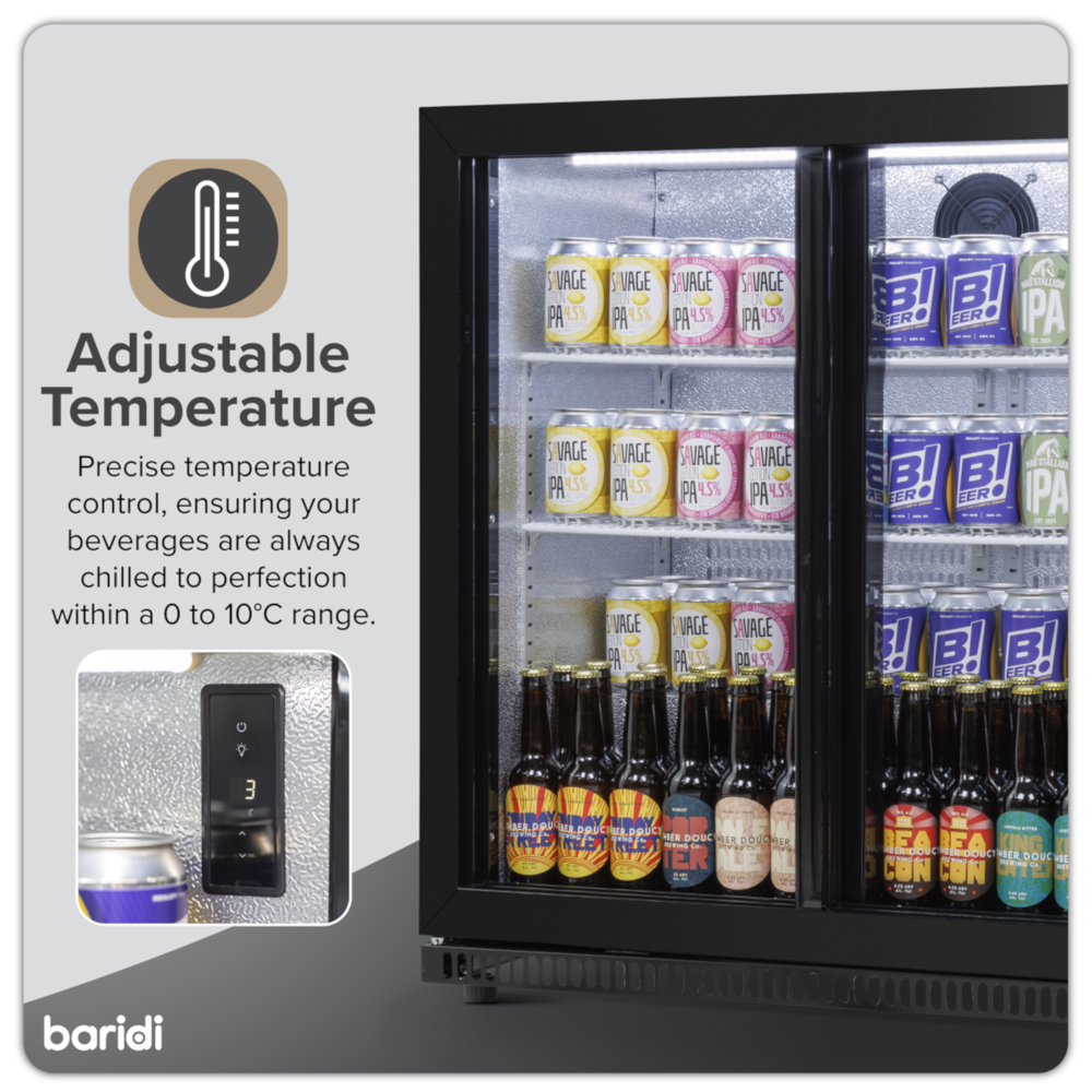 Baridi DH273 Back Bar Beer Drinks Cooler Fridge with Sliding Double Door, 190 Litre/262 Cans Capacity, Black