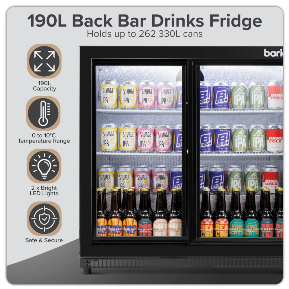 Baridi DH273 Back Bar Beer Drinks Cooler Fridge with Sliding Double Door, 190 Litre/262 Cans Capacity, Black