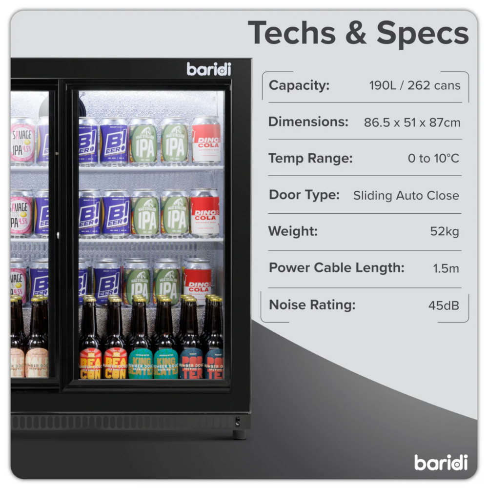 Baridi DH273 Back Bar Beer Drinks Cooler Fridge with Sliding Double Door, 190 Litre/262 Cans Capacity, Black