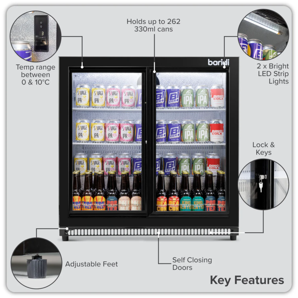 Baridi DH273 Back Bar Beer Drinks Cooler Fridge with Sliding Double Door, 190 Litre/262 Cans Capacity, Black