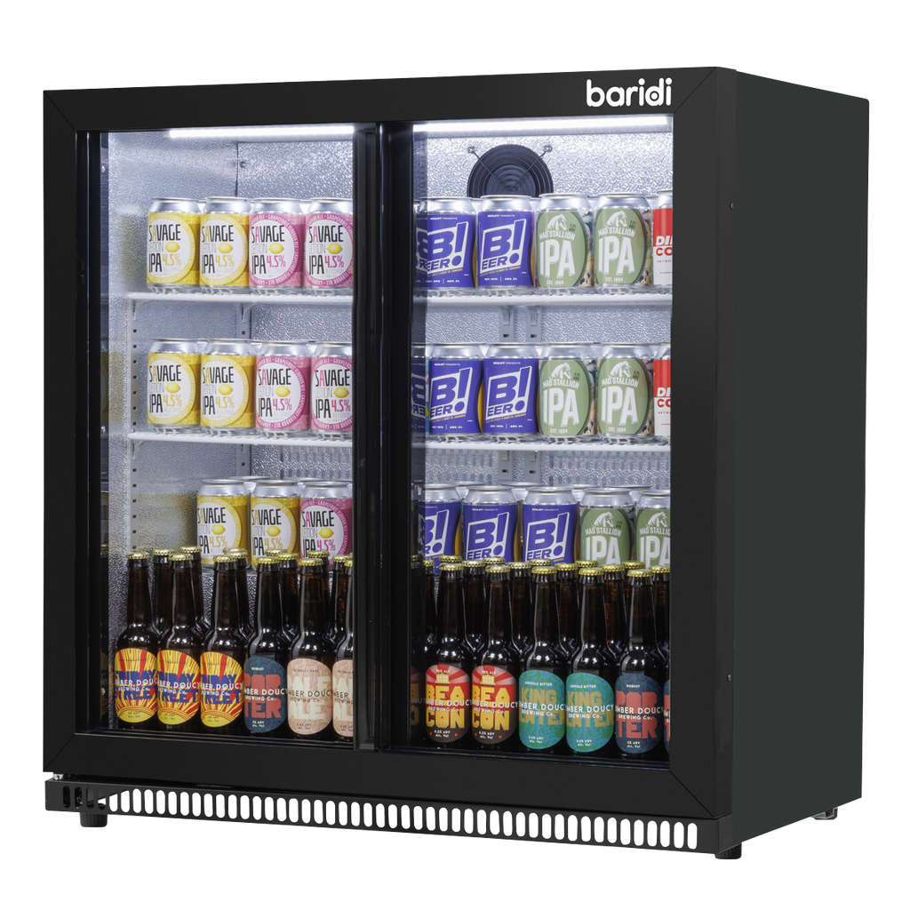 Baridi Back Bar Drinks Cooler Fridge with Double Sliding Doors, 190L Capacity, Black (DH273) (Factory Refurbished B)