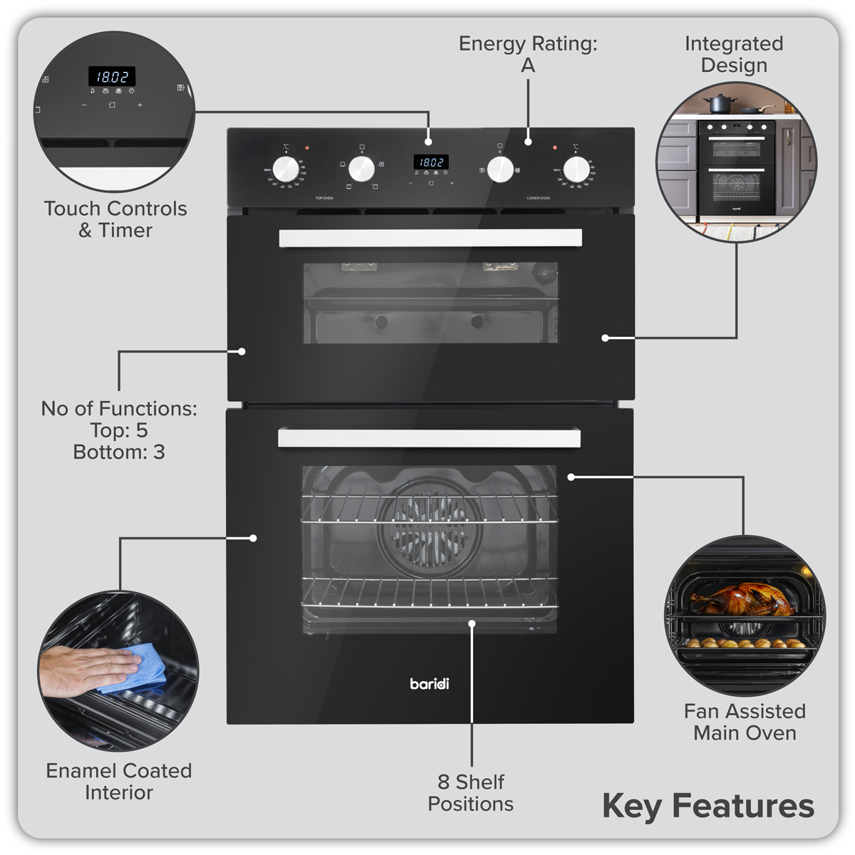 Baridi 72cm Built-Under Double Oven, 74L Capacity, Energy Rating A - Black