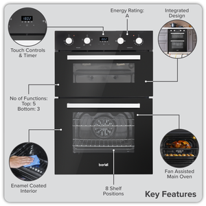 Baridi 72cm Built-Under Double Oven, 74L Capacity, Energy Rating A - Black