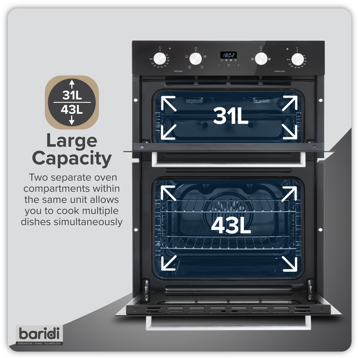 Baridi 72cm Built-Under Double Oven, 74L Capacity, Energy Rating A - Black