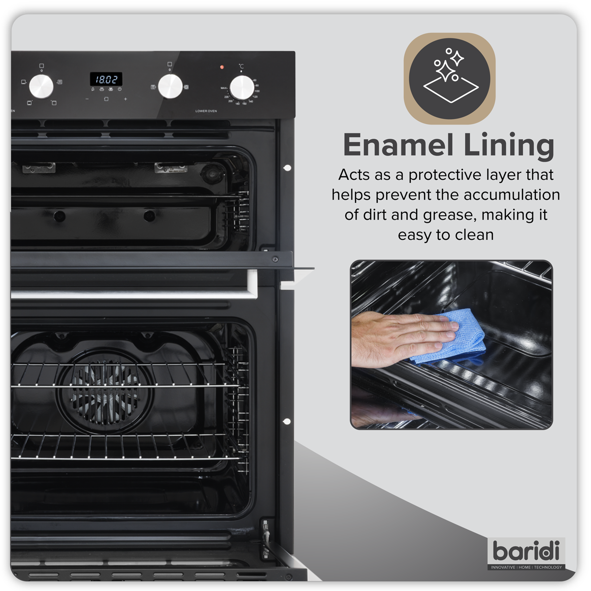 Baridi 72cm Built-Under Double Oven, 74L Capacity, Energy Rating A - Black