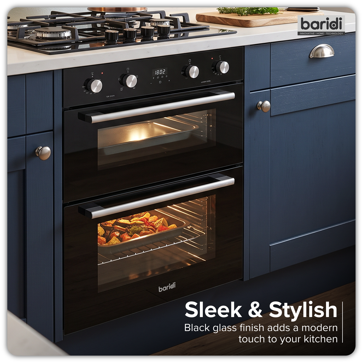 Baridi 72cm Built-Under Double Oven, 74L Capacity, Energy Rating A - Black