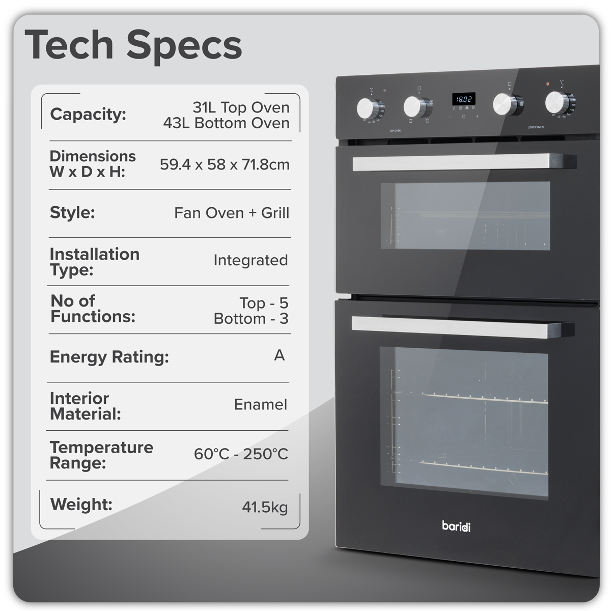 Baridi 72cm Built-Under Double Oven, 74L Capacity, Energy Rating A - Black