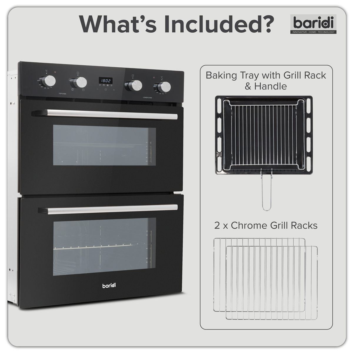 Baridi 72cm Built-Under Double Oven, 74L Capacity, Energy Rating A - Black