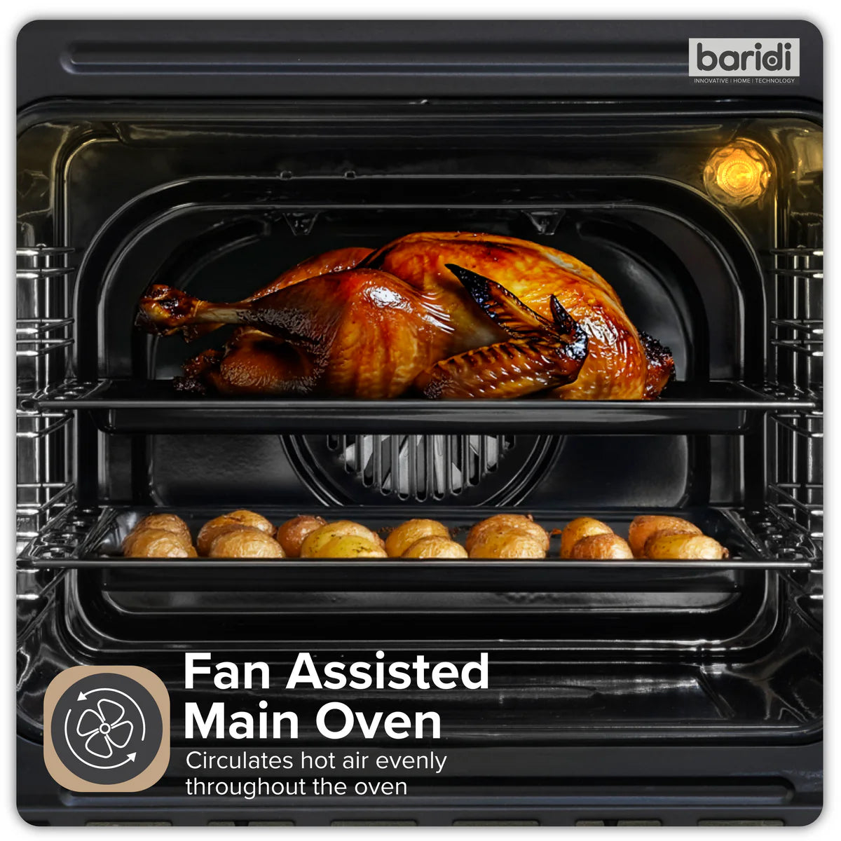 Baridi 72cm Built-Under Double Oven, 74L Capacity, Energy Rating A - Black