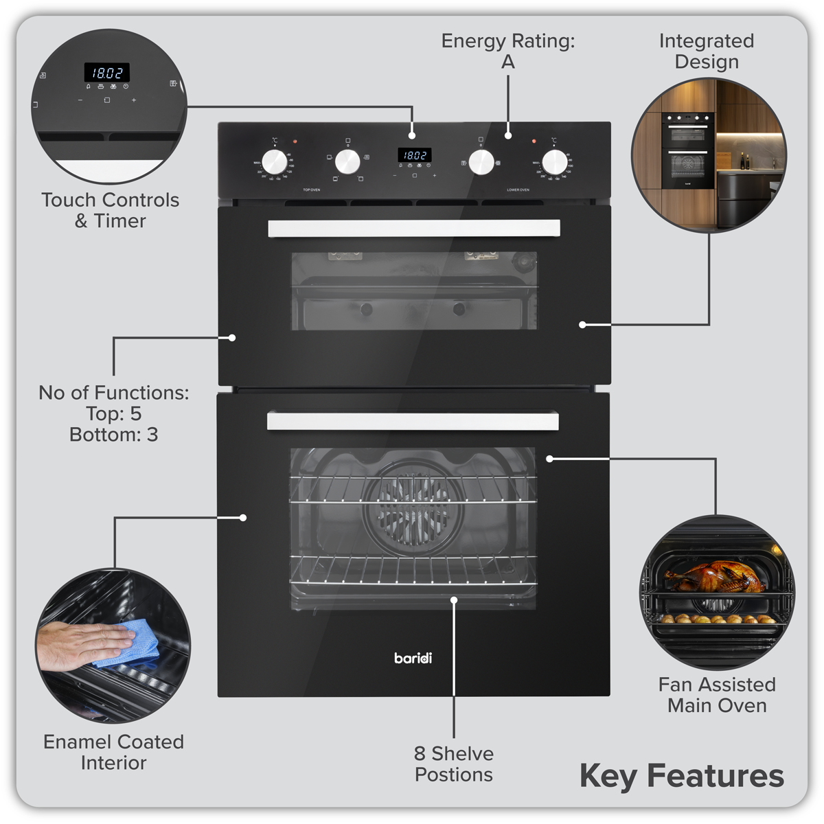 Baridi 90cm Built-In Double Oven, 88L Capacity, Energy Rating A - Black