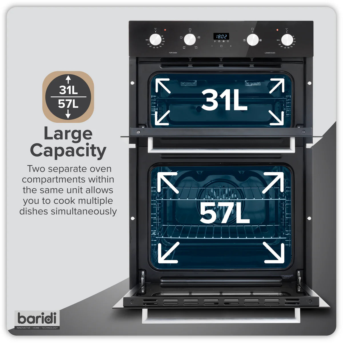 Baridi 90cm Built-In Double Oven, 88L Capacity, Energy Rating A - Black