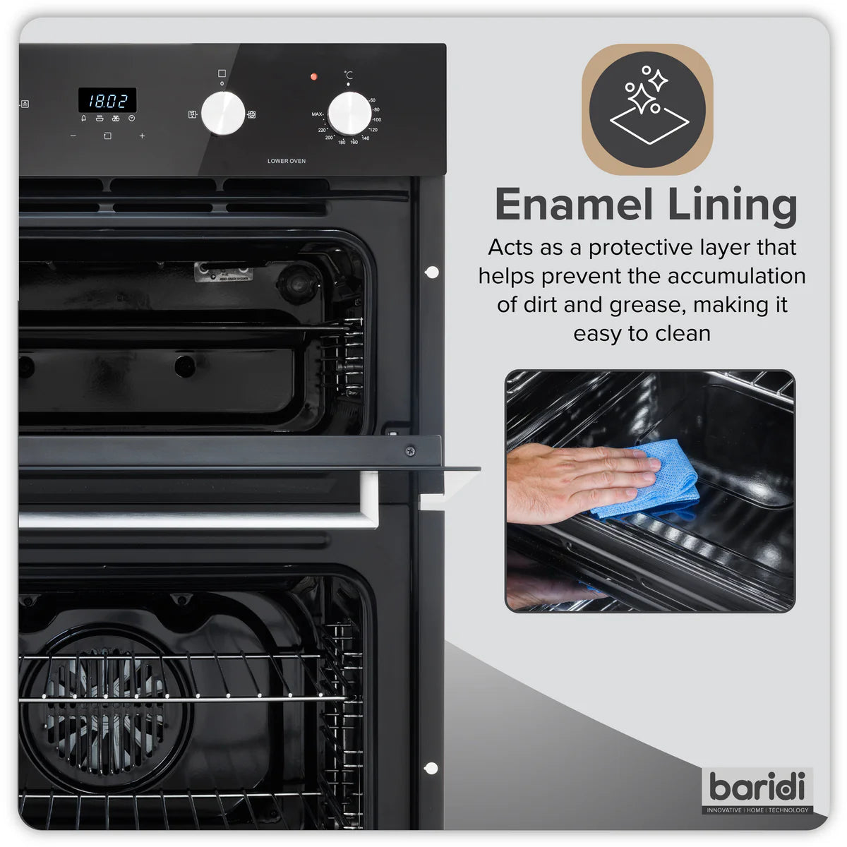 Baridi 90cm Built-In Double Oven, 88L Capacity, Energy Rating A - Black