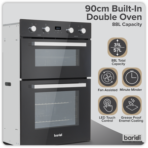 Baridi 90cm Built-In Double Oven, 88L Capacity, Energy Rating A - Black