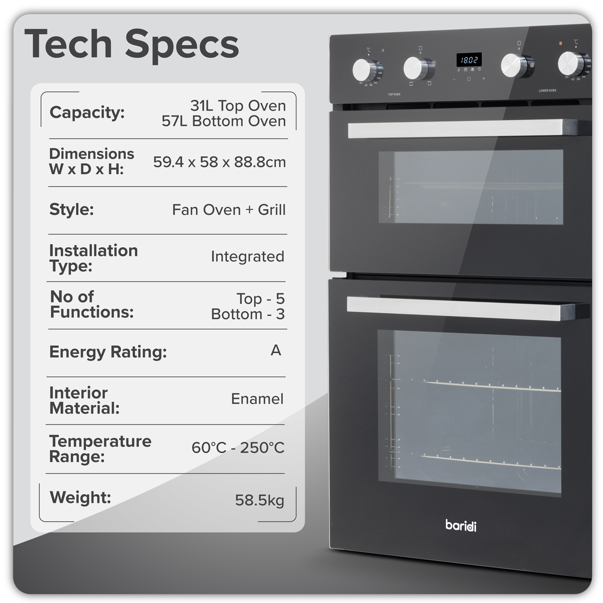 Baridi 90cm Built-In Double Oven, 88L Capacity, Energy Rating A - Black