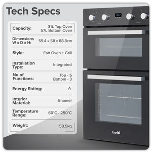Baridi 90cm Built-In Double Oven, 88L Capacity, Energy Rating A - Black