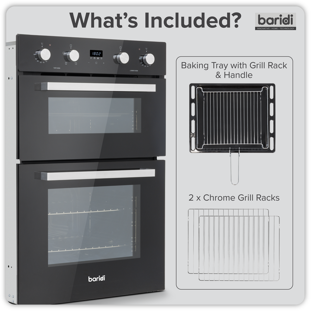 Baridi 90cm Built-In Double Oven, 88L Capacity, Energy Rating A - Black