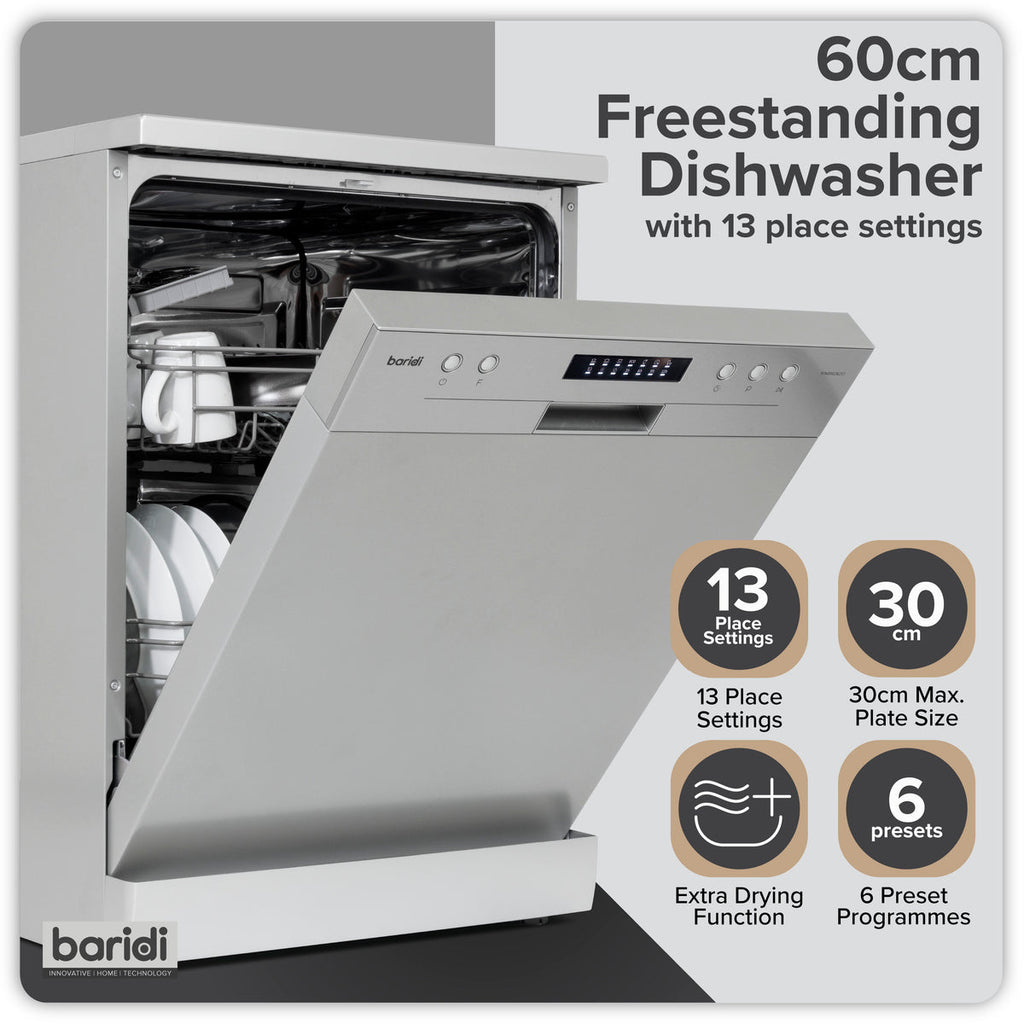 Baridi Freestanding Dishwasher 60cm, 13 Place Settings, Silver (DH280) (Factory Refurbished A)