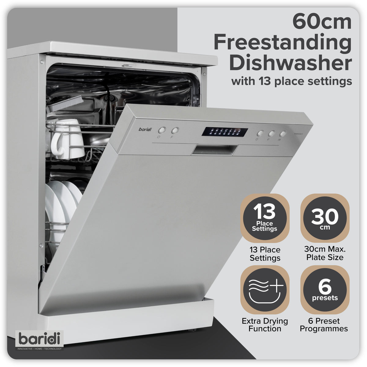 Baridi Freestanding Dishwasher 60cm, 13 Place Settings, Silver (DH280) (Factory Refurbished A)