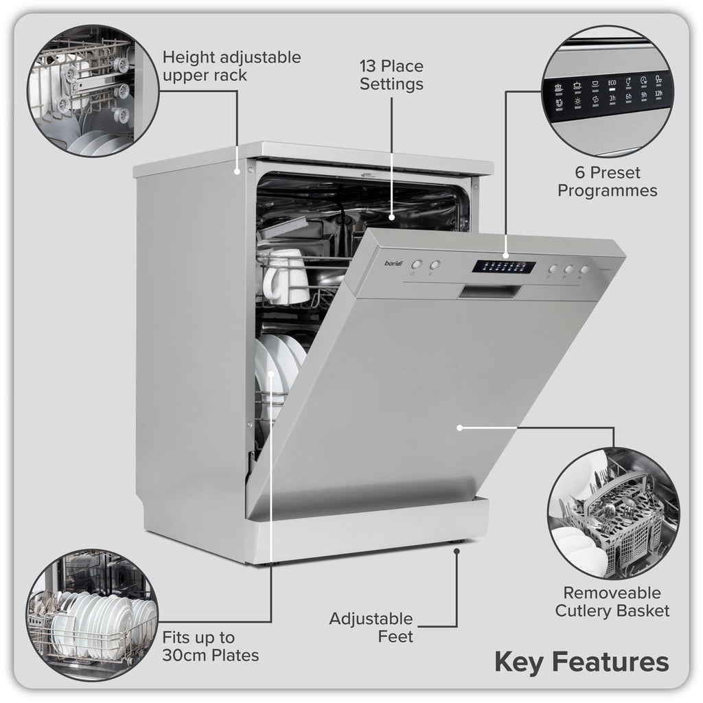 Baridi Freestanding Dishwasher 60cm, 13 Place Settings, Silver (DH280) (Factory Refurbished A)