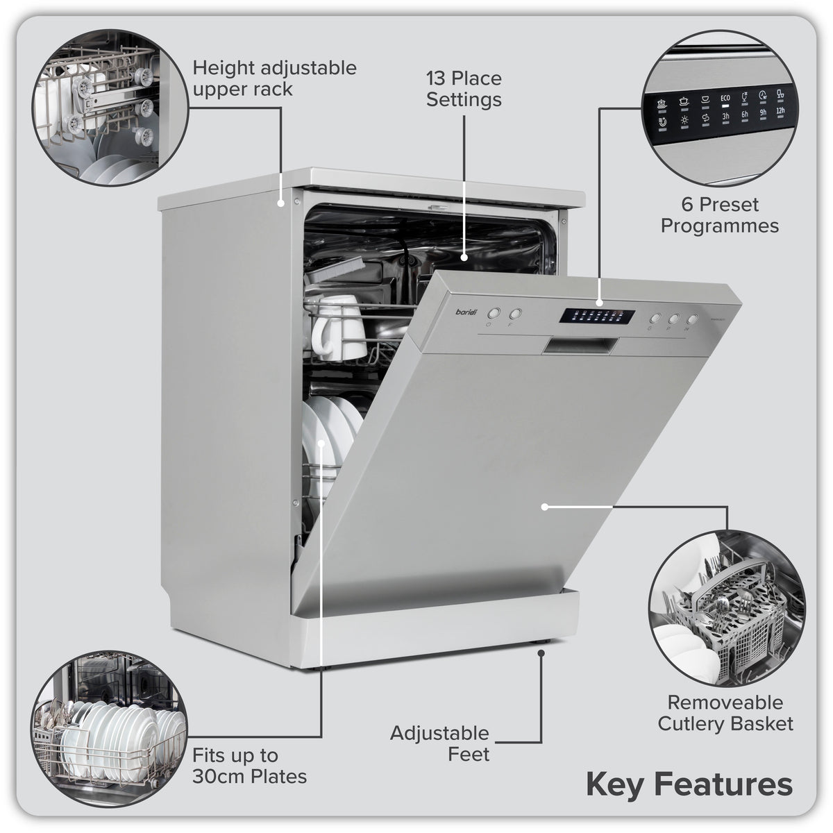 Baridi Freestanding Dishwasher 60cm, 13 Place Settings, Silver (DH280) (Factory Refurbished A)