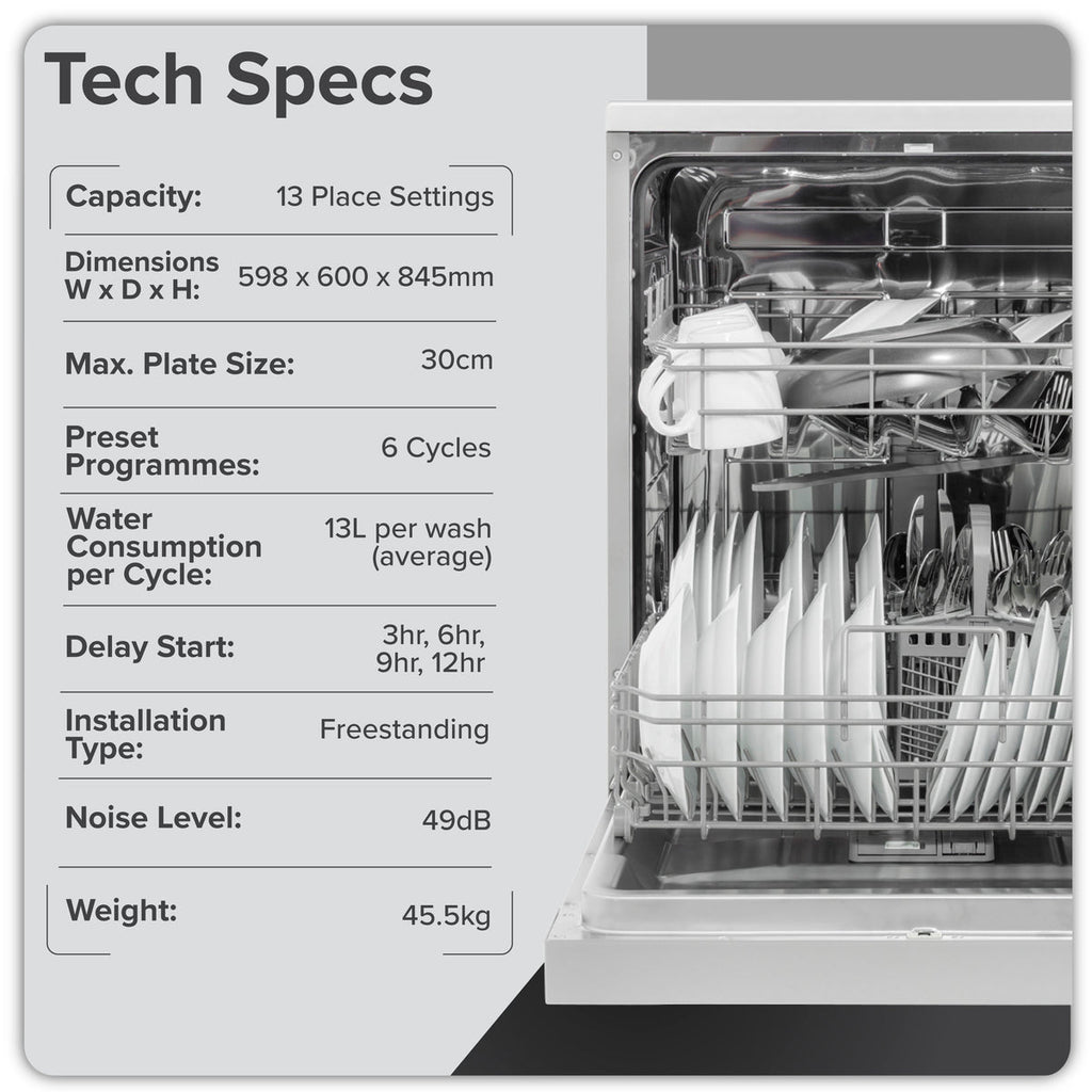 Baridi Freestanding Dishwasher 60cm, 13 Place Settings, Silver (DH280) (Factory Refurbished A)