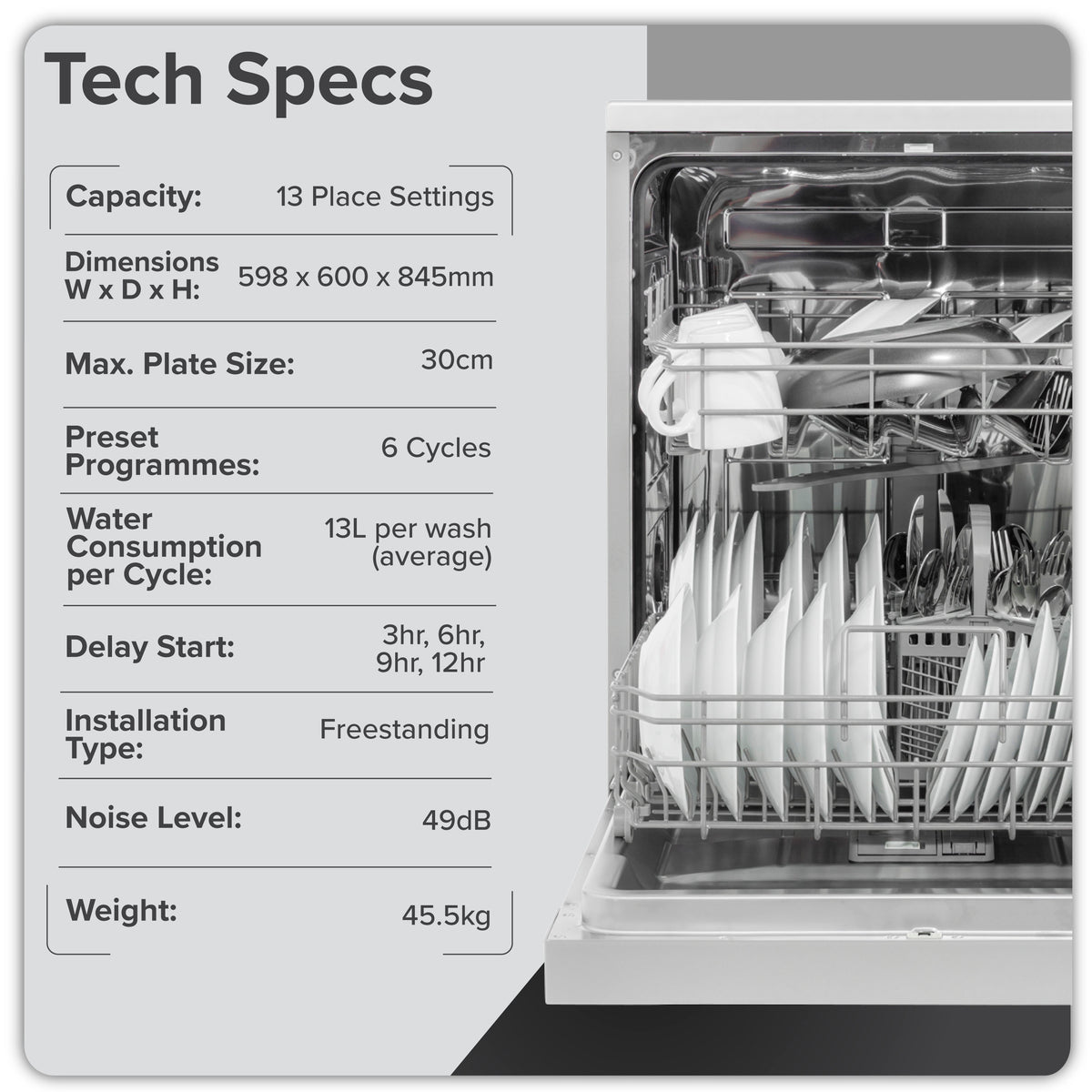 Baridi Freestanding Dishwasher 60cm, 13 Place Settings, Silver (DH280) (Factory Refurbished A)