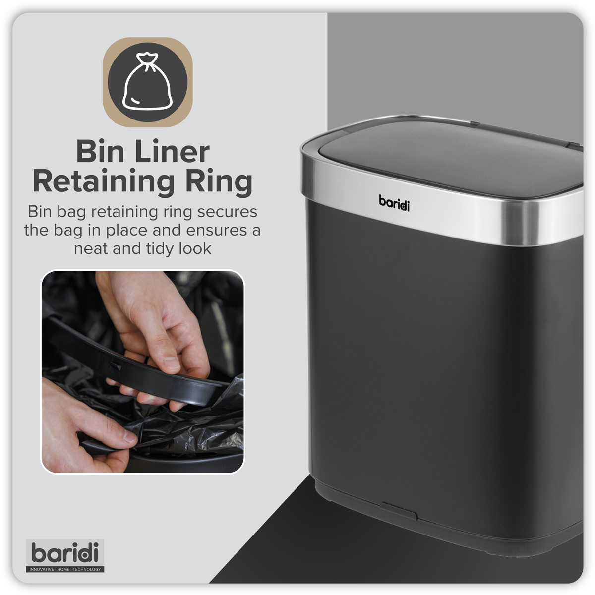 Baridi Sensor Bin, 50L Capacity, Black/Stainless Steel (DH281) (Factory Refurbished B)