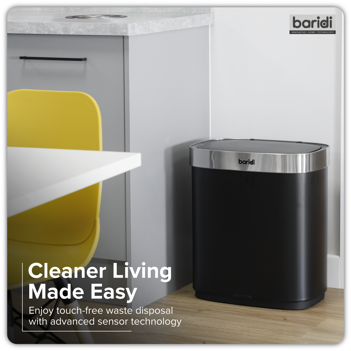 Baridi Sensor Bin, 50L Capacity, Black/Stainless Steel (DH281) (Factory Refurbished B)