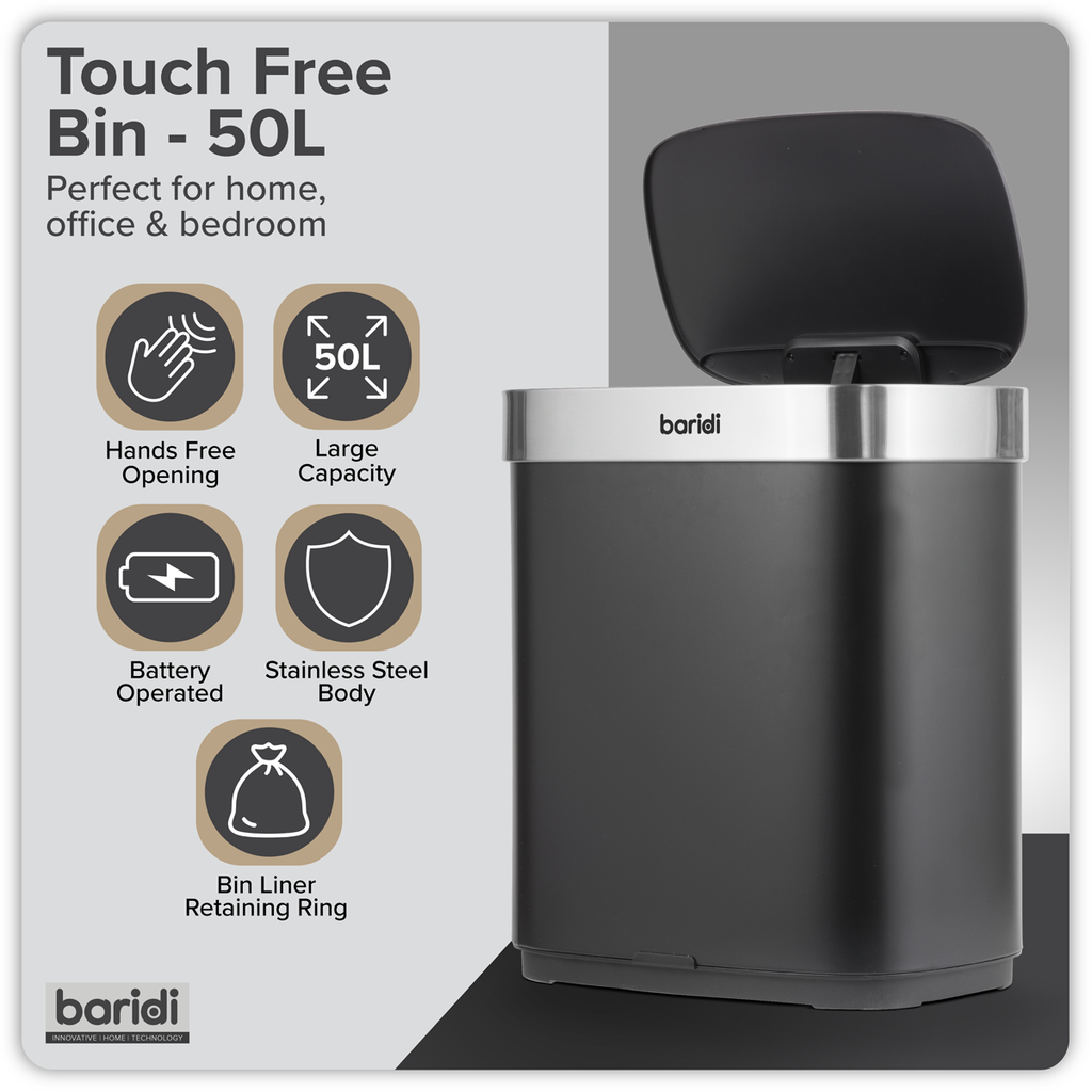 Baridi Sensor Bin, 50L Capacity, Black/Stainless Steel (DH281) (Factory Refurbished A)